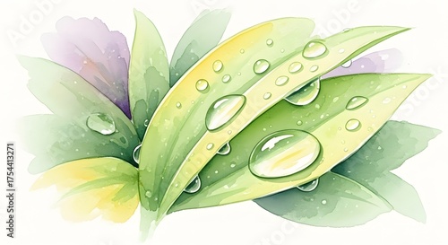 Green leaves with water droplets and soft purple flower