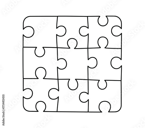 Scalable vector illustration of a 3x3 jigsaw puzzle pieces arrangement eps format silhouette vector illustration white background