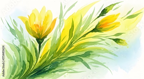Watercolor painting of yellow tulips and green leaves