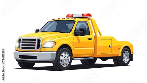 Bright yellow tow truck illustration with emergency lights on white background