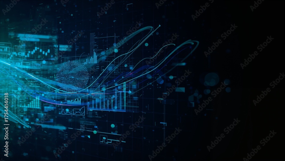 Fototapeta premium Digital graphic showing flowing turquoise waves on grid, bar charts, HUD panels, sphere, copy space