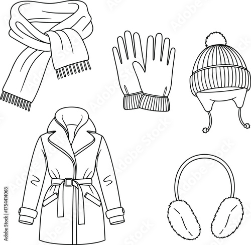 Outline Winter Fashion and Cold Weather Accessories Set: Trench Coat, Scarf, Gloves, Knitted Hat, and Earmuffs