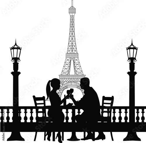 Romantic Dinner Date Silhouette in Paris with Eiffel Tower