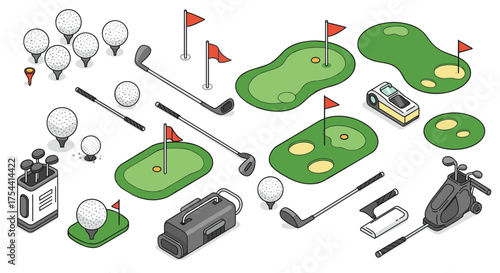 Isometric golf equipment and course elements with flags and clubs