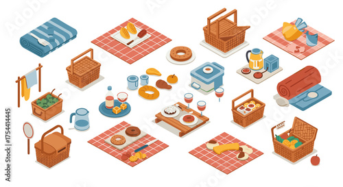 Summer picnic essentials in isometric style featuring baskets, food, and accessories