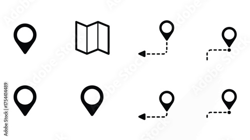 Eight minimalist location icons vector set scalable eps illustration for navigation and travel apps silhouette vector illustration white background