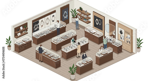 Isometric jewelry store interior with display cases and customers in a shopping environment