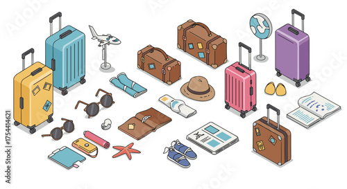 Isometric travel essentials: luggage, clothes, and accessories for a globetrotting adventure