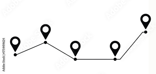 Five location pin icons connected by a path vector illustration scalable eps icon silhouette vector illustration white background