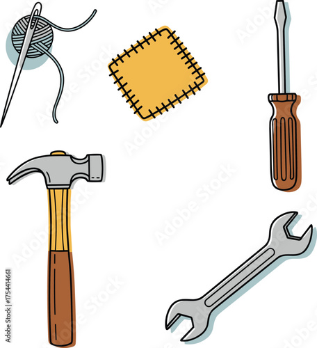 Hand-Drawn Doodle Repair and DIY Tools Set: Sewing Needle, Patch, Hammer, Screwdriver, and Wrench