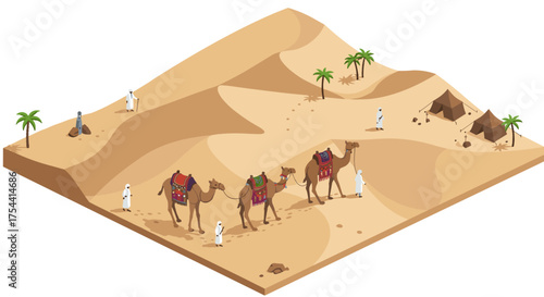 Desert caravan journey with camels and bedouins in isometric arabian landscape