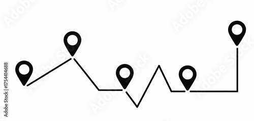 Five black location pin icons connected by a winding line vector illustration eps silhouette vector illustration white background