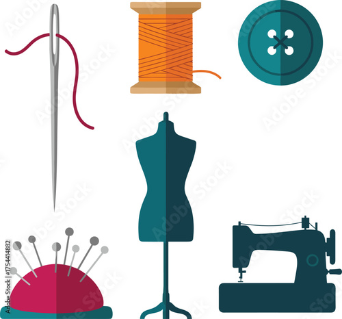 Flat Design Sewing and Tailoring Equipment Vector Icon Set: Needle, Thread Spool, Button, Dress Form Mannequin, Pincushion, and Sewing Machine