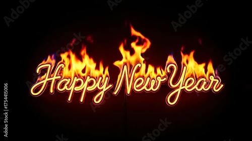 Happy New Year Fiery Text Animation with Flames on Black Background.