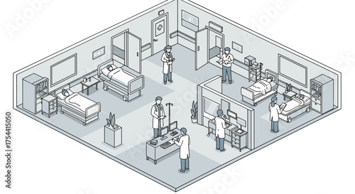 Isometric hospital ward with doctors and patients in modern medical facility