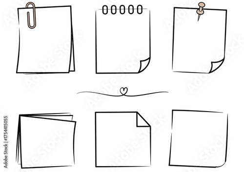 Vector illustration set six blank paper note sheets memo paper clip push pin scalable eps graphic elements silhouette vector illustration white background