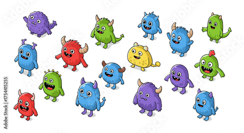 Cute cartoon monsters in various colors and poses on white background