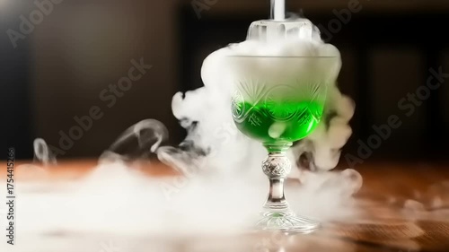 Green Cocktail with Dry Ice Smoke Effect in a Glass.