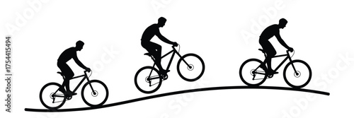 Three cyclists riding bicycles on a curved gravel path illustration silhouette vector illustration white background
