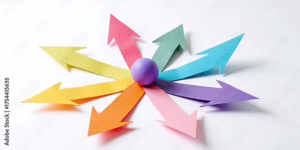 Fototapeta premium Colorful Paper Arrows with Central Purple Ball for Creative Projects and Visual Communication