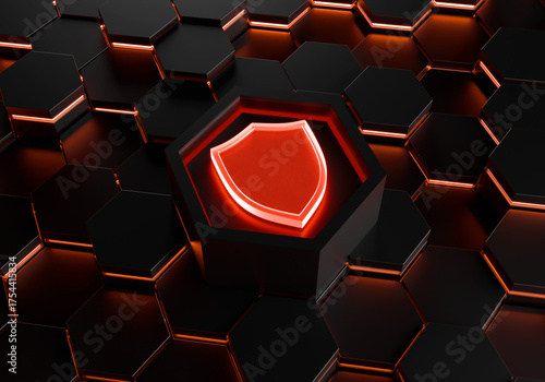 Cyber Security Shield: A digital shield, a symbol of protection and resilience, stands center stage amidst a futuristic, hexagonal pattern, highlighting the core of cybersecurity defense.