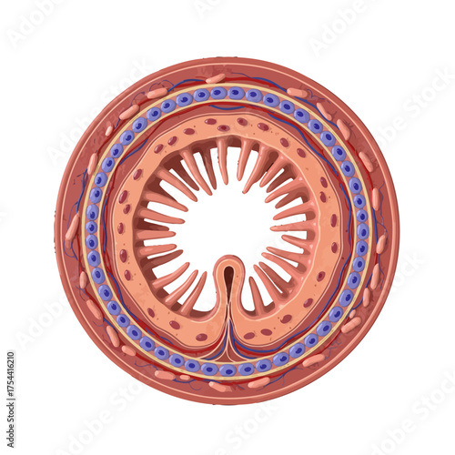 Detailed intestinal cross-section illustration for medical studies and educational material on the human digestive system, showcasing anatomy and biology