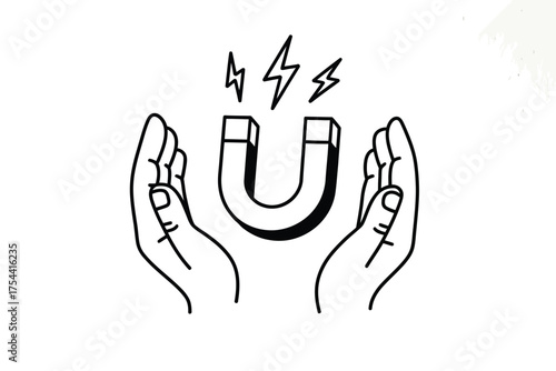 Scalable vector illustration of hands holding a magnet with magnetic force sparking silhouette vector illustration white background