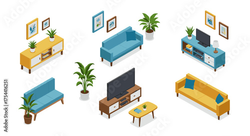 Modern isometric living room furniture with plants and decor elements