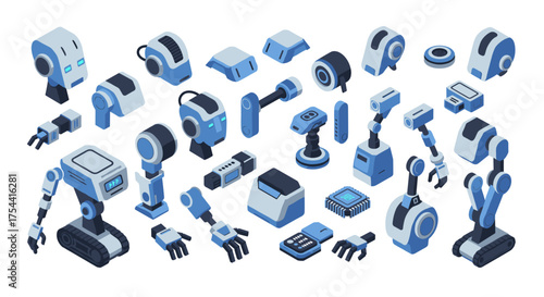 Isometric blue robot parts set featuring various components and modules