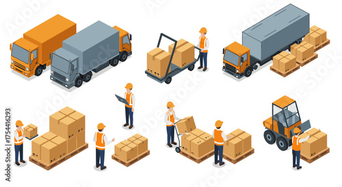 Isometric warehouse logistics and delivery concept with vehicles and workers