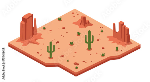 Isometric desert landscape with cacti and rocky formations in warm earth tones