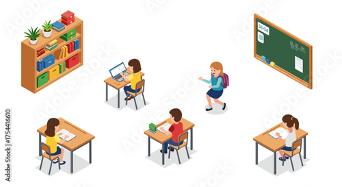 Isometric classroom scene with students studying and teacher walking by blackboard