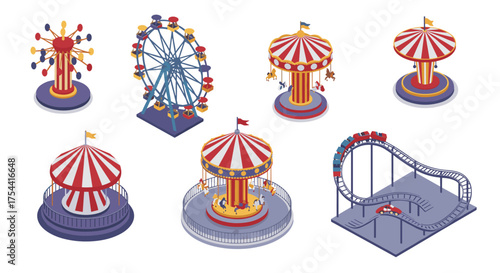Exciting carnival rides collection: ferris wheel, carousel, roller coaster in isometric style