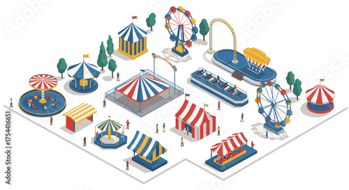 Colorful isometric amusement park with ferris wheel and carnival tents