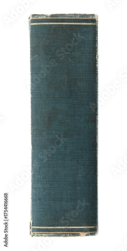 Side view of an antique book spine with aged leather texture and vintage details, isolated on transparent background