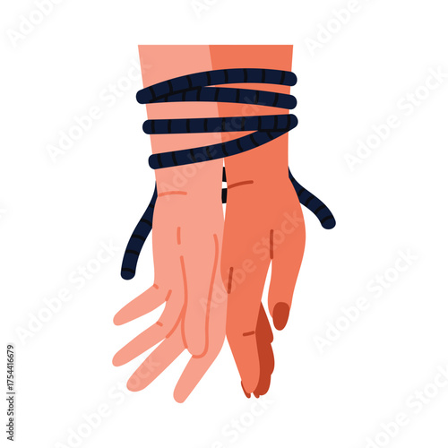 Two human hands bound tightly with rope, representing restriction and oppression, isolated vector illustration