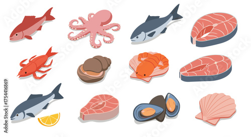 Fresh seafood variety in isometric style featuring fish, octopus, lobster, and shellfish