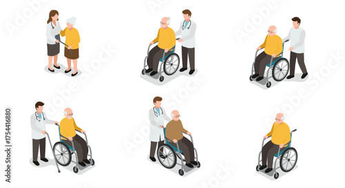 Isometric healthcare scenes with elderly patients and medical staff in various interactions