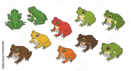 Colorful cartoon frogs in various poses with vibrant patterns and shades