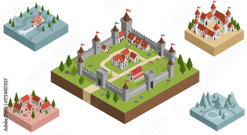 Medieval fantasy world with isometric castles and landscape elements