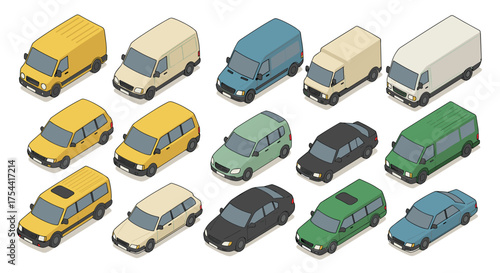 Isometric set of colorful minivans and delivery trucks in diverse designs
