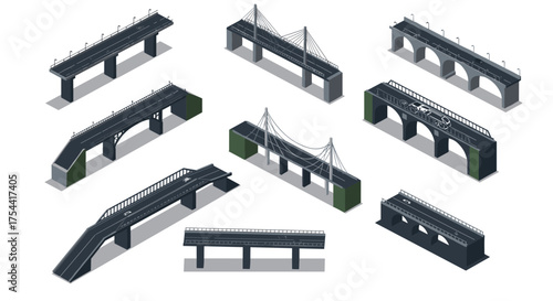 Variety of bridges in isometric style featuring arched and cable-stayed designs