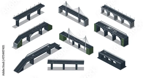 Obraz Variety of bridges in isometric style featuring arched and cable-stayed designs