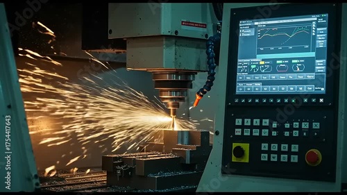 Industrial CNC machine sparks fly during metal cutting process.