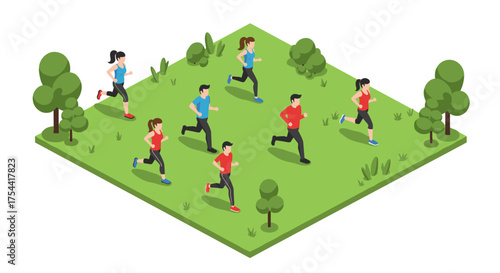 Isometric outdoor jogging scene with people running in park with trees