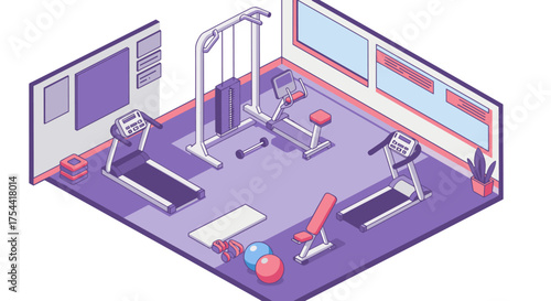 Isometric home gym with modern fitness equipment in pastel colors