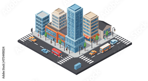Isometric urban cityscape with buildings and traffic on a busy intersection