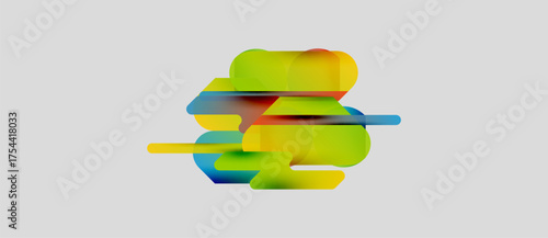 Abstract colorful shapes overlap, creating dynamic composition. Bright hues blend, forming fluid forms against light background.