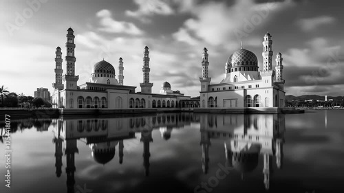 Majestic Islamic Mosque with Water Reflection in Black and White.