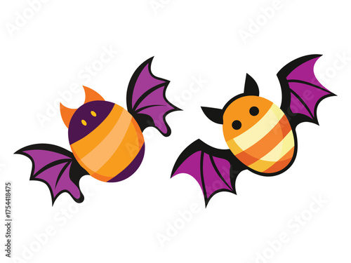 Two cute halloween bats with purple wings and orange stripes